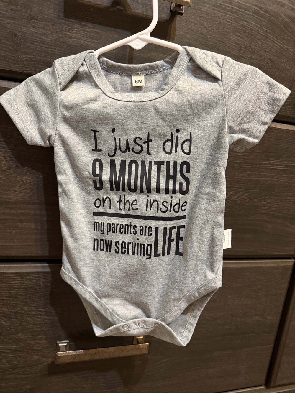 Gray Baby One-Piece Bodysuit with '9 Months' Print